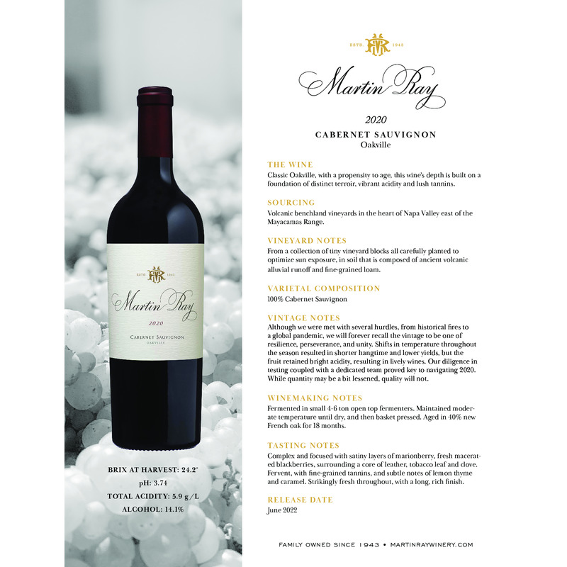 2020 Martin Ray Oakville Reserve Cabernet Sauvignon Tech Sheet