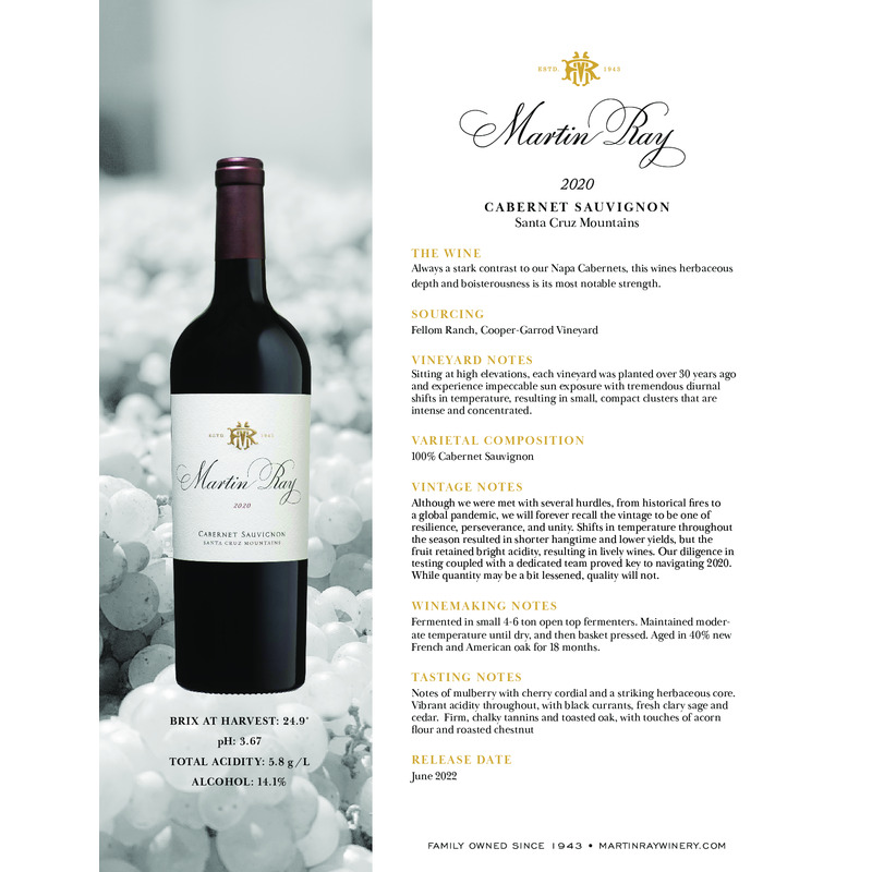 2020 Martin Ray Santa Cruz Mountains Reserve Cabernet Sauvignon Tech Sheet