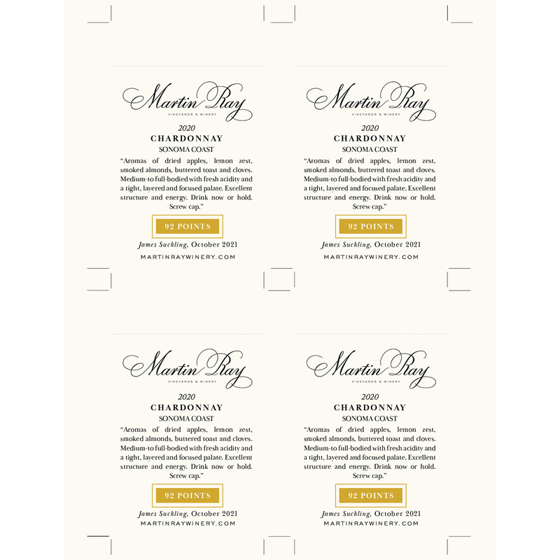 2020 Martin Ray Sonoma Coast Chardonnay Shelf Talker – 92 Pts. James Suckling