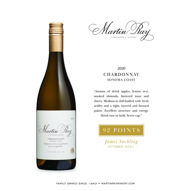 2020 Martin Ray Sonoma Coast Chardonnay Acclaim – 92 Pts. James Suckling