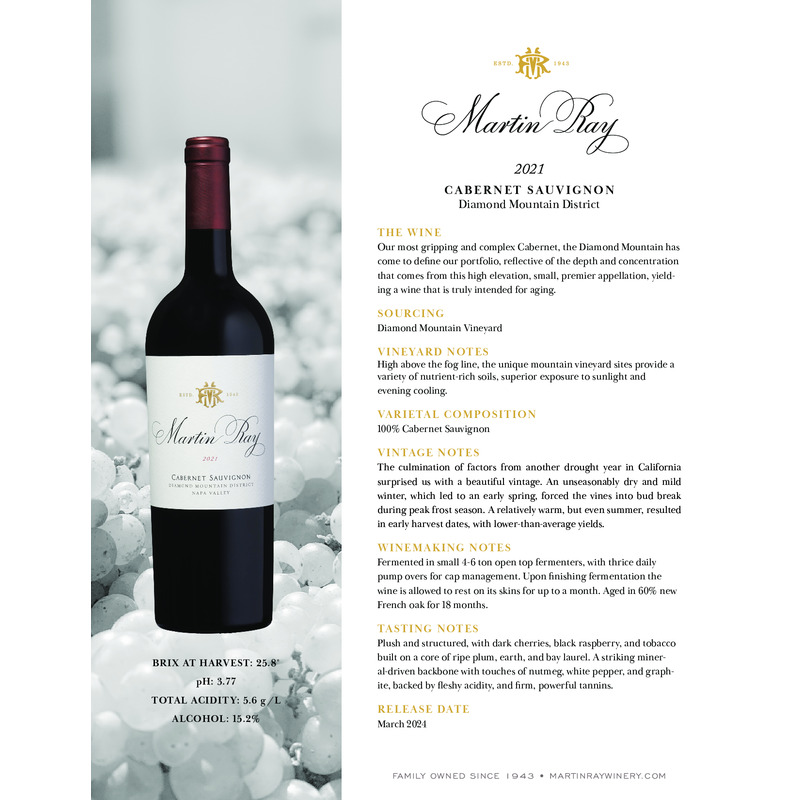 2021 Martin Ray Diamond Mountain Reserve Cabernet Sauvignon Tech Sheet