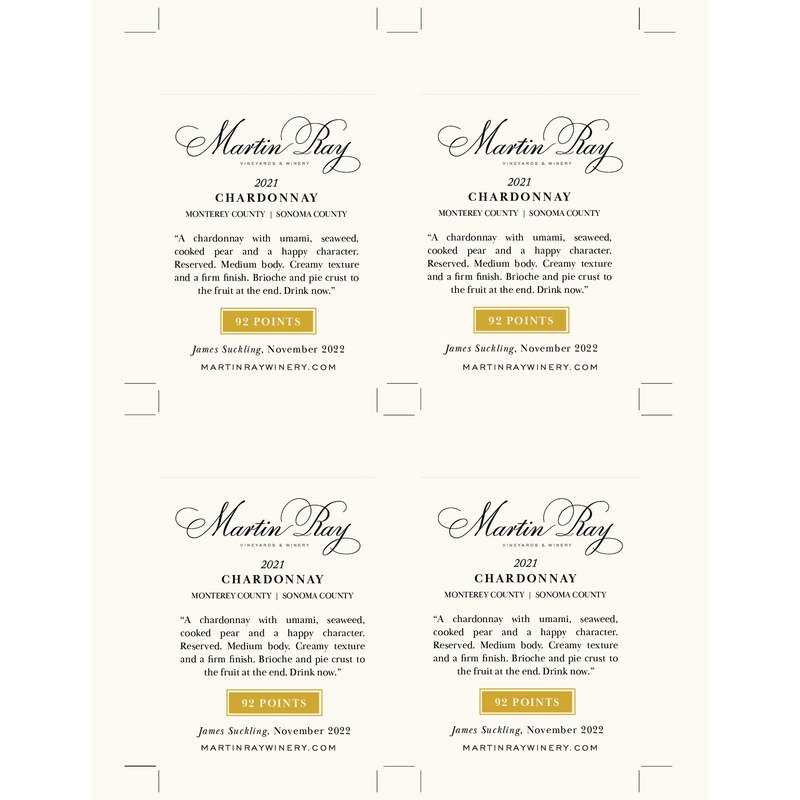 2021 Martin Ray Chardonnay Shelf Talker – 92 Pts. James Suckling