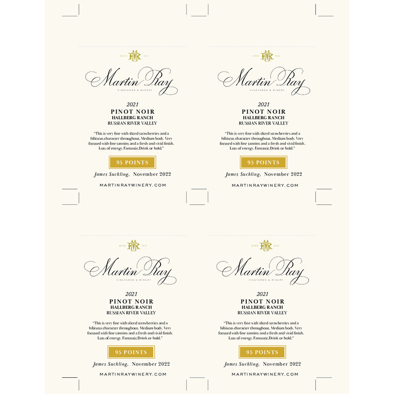 2021 Martin Ray Russian River Valley Hallberg Ranch Pinot Noir Shelf Talker – 95 Pts. James Suckling