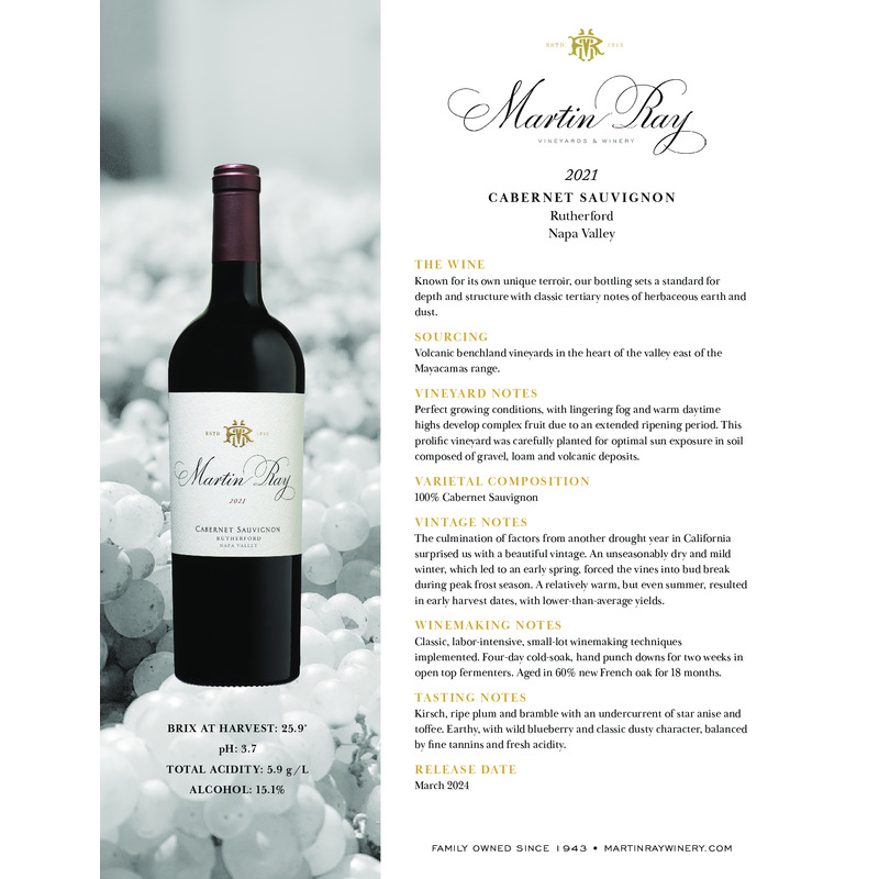 2021 Martin Ray Rutherford Reserve Cabernet Sauvignon Tech Sheet