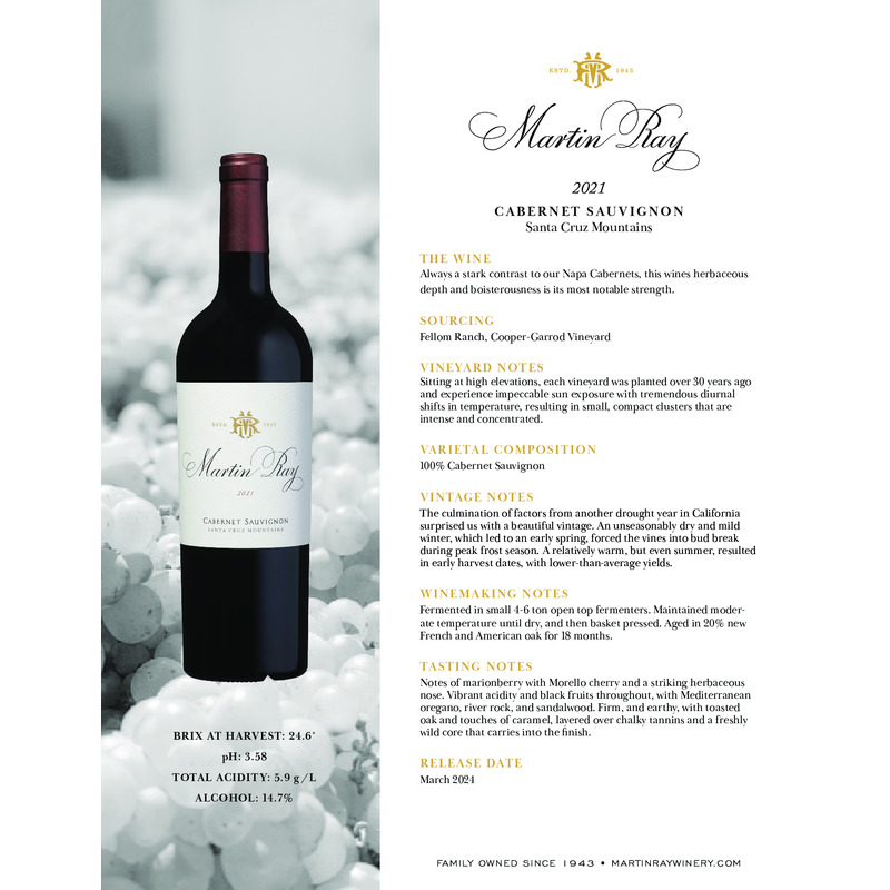 2021 Martin Ray Santa Cruz Mountains Reserve Cabernet Sauvignon Tech Sheet