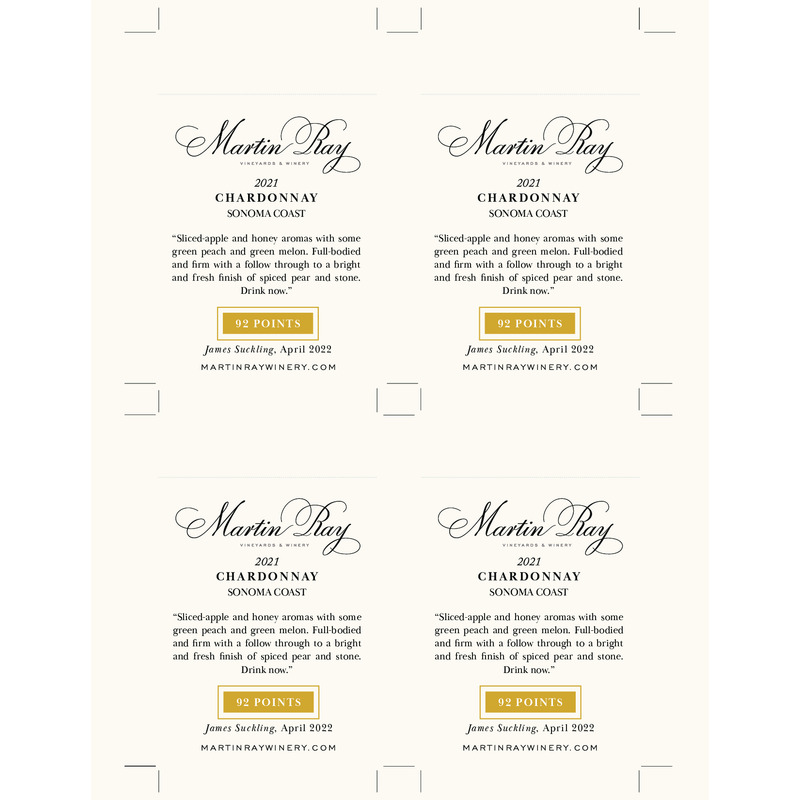 2021 Martin Ray Sonoma Coast Chardonnay Shelf Talker – 92 Pts. James Suckling