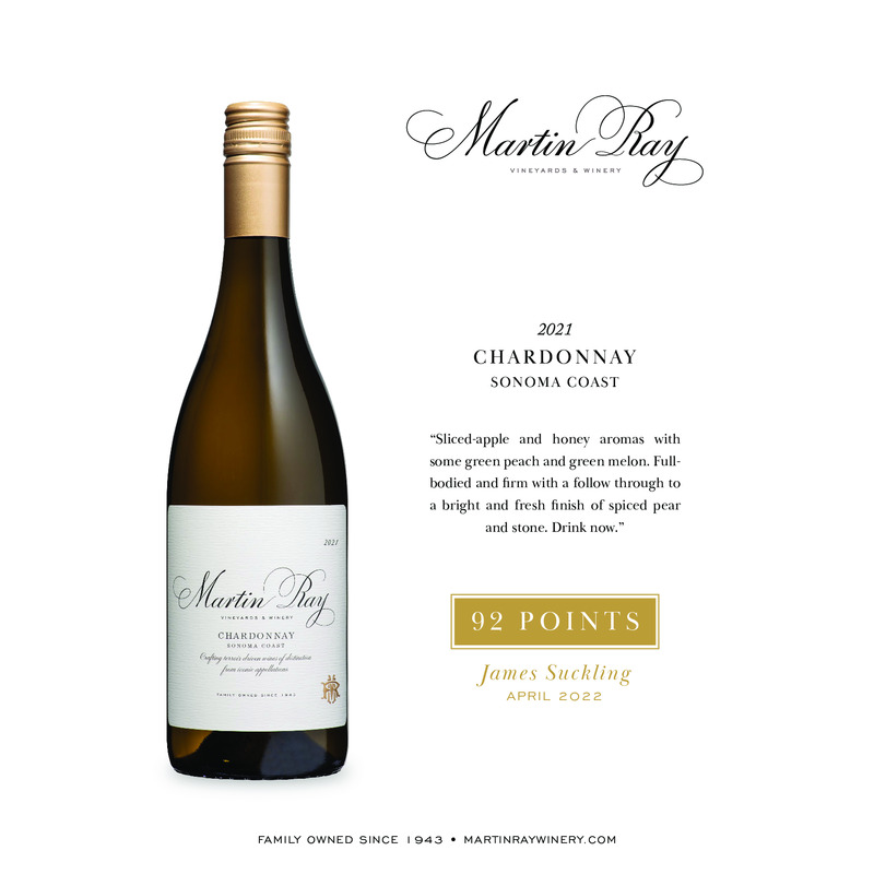2021 Martin Ray Sonoma Coast Chardonnay Acclaim – 92 Pts. James Suckling