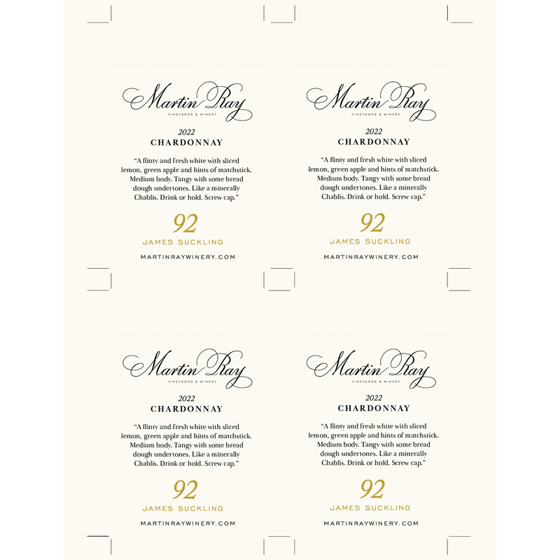 2022 Martin Ray Chardonnay Shelf Talker – 92 pts James Suckling