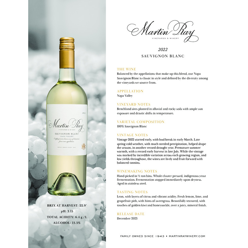 2022 Martin Ray Napa Valley Sauvignon Blanc Tech Sheet