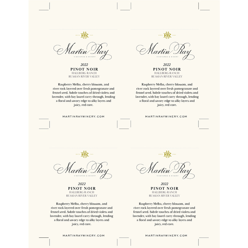 2022 Martin Ray Russian River Valley Hallberg Ranch Pinot Noir Shelf Talker