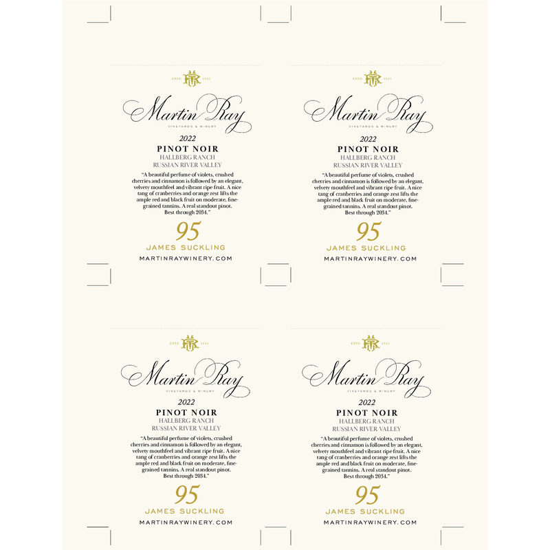 2022 Martin Ray Russian River Valley Hallberg Ranch Pinot Noir Shelf Talker – 95 pts James Suckling