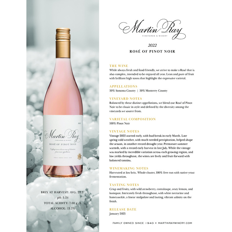 2022 Martin Ray Rosé Of Pinot Noir Tech Sheet