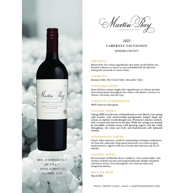 2022 Martin Ray Sonoma County Cabernet Sauvignon Tech Sheet