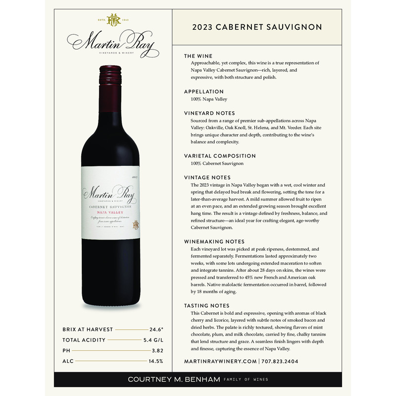 2023 Martin Ray Napa Valley Cabernet Sauvignon Tech Sheet
