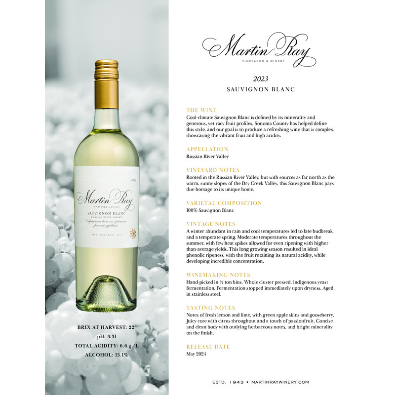 2023 Martin Ray Sauvignon Blanc Tech Sheet