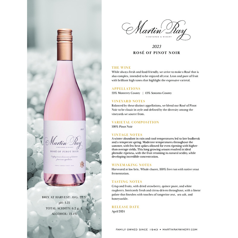 2023 Martin Ray Rosé Of Pinot Noir Tech Sheet