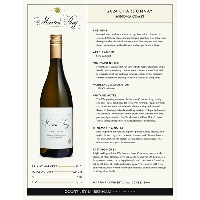 2024 Martin Ray Sonoma Coast Chardonnay Tech Sheet