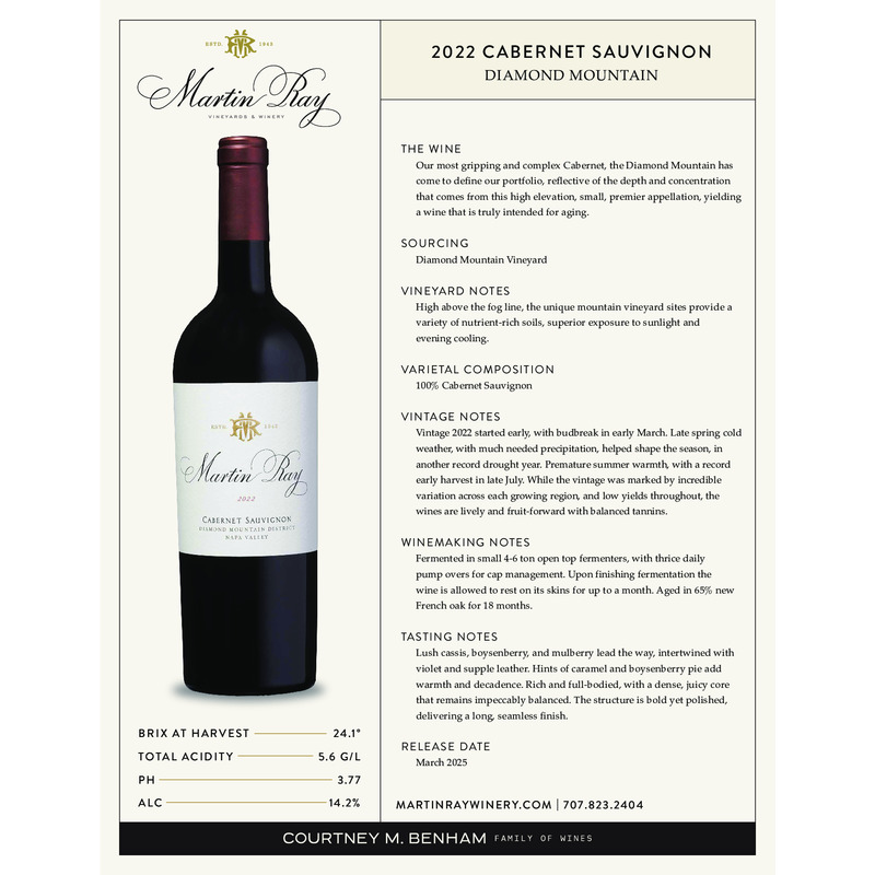 2022 Martin Ray Diamond Mountain Reserve Cabernet Sauvignon Tech Sheet