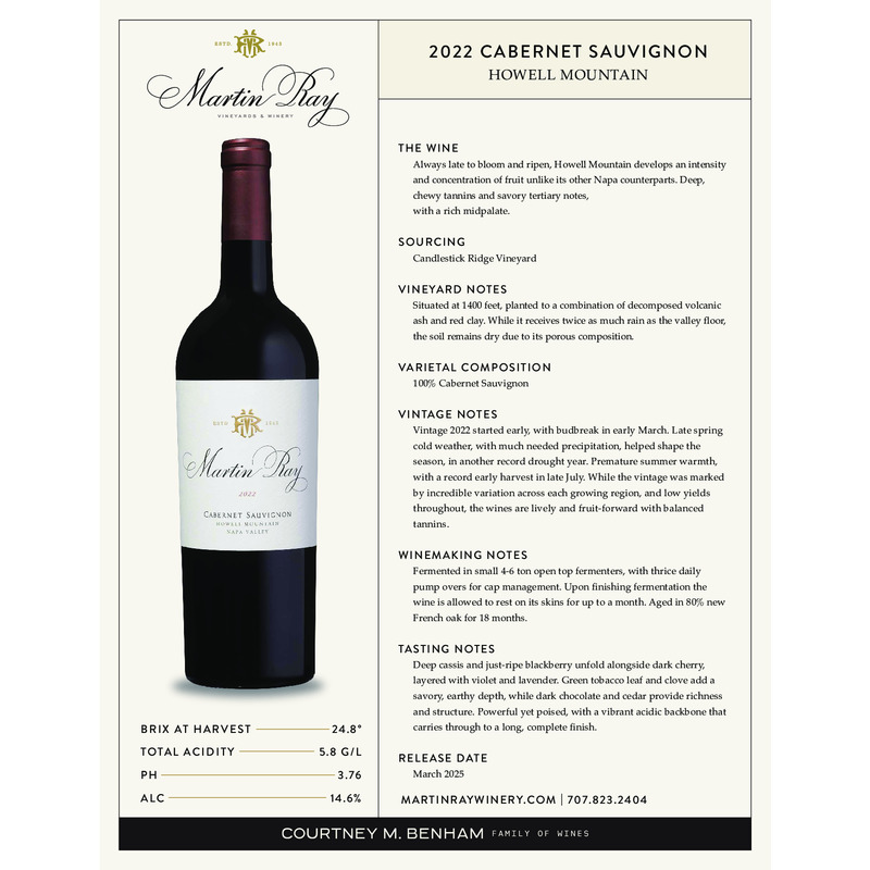 2022 Martin Ray Howell Mountain Reserve Cabernet Sauvignon Tech Sheet