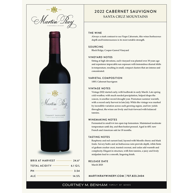 2022 Martin Ray Santa Cruz Mountains Reserve Cabernet Sauvignon Tech Sheet