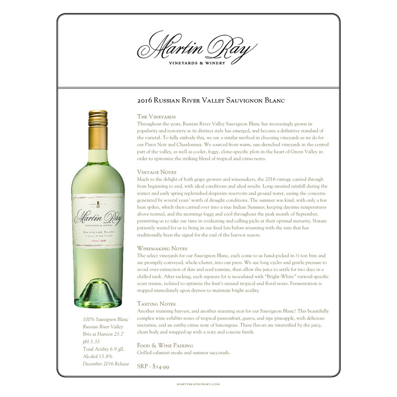2016 Martin Ray Russian River Valley Sauvignon Blanc Tech Sheet