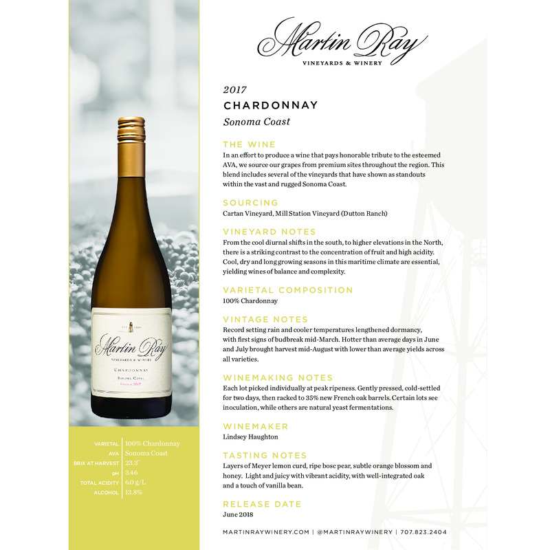 2017 Martin Ray Sonoma Coast Chardonnay Tech Sheet