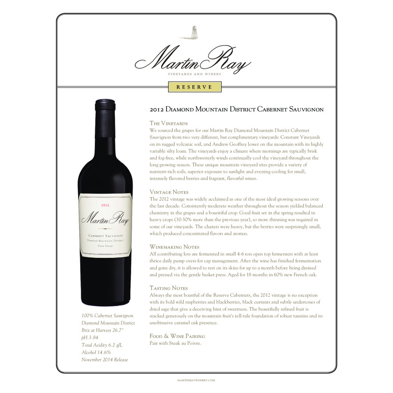 2012 Martin Ray Diamond Mountain Reserve Cabernet Sauvignon Tech Sheet