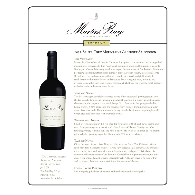2012 Martin Ray Santa Cruz Mountains Reserve Cabernet Sauvignon Tech Sheet
