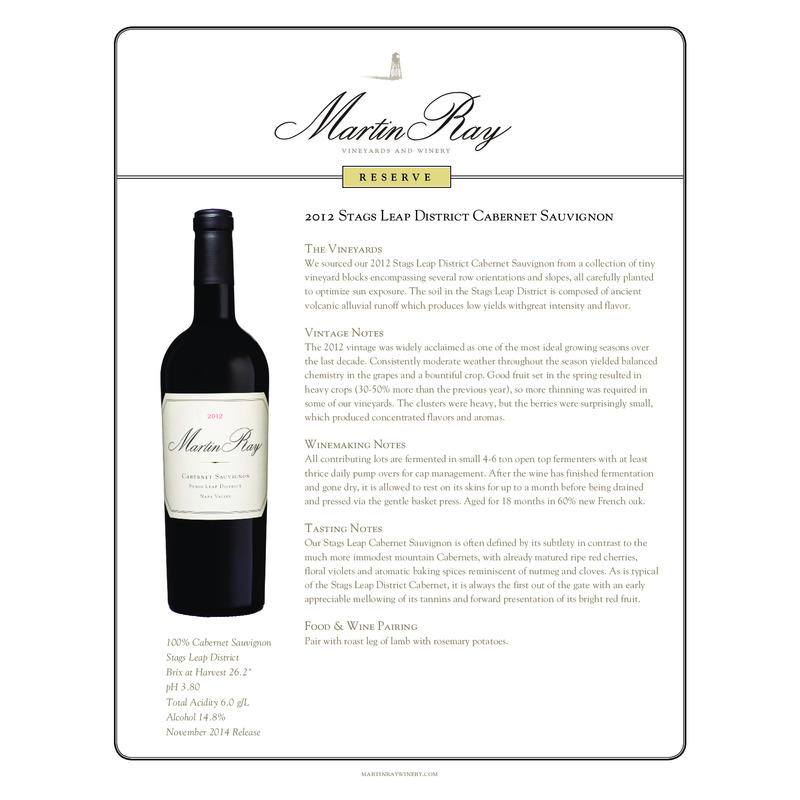 2012 Martin Ray Stags Leap District Reserve Cabernet Sauvignon Tech Sheet