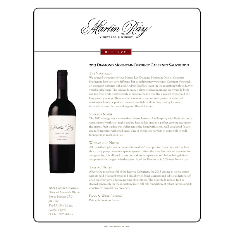 2013 Martin Ray Diamond Mountain Reserve Cabernet Sauvignon Tech Sheet