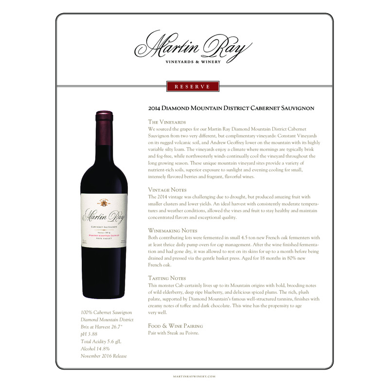 2014 Martin Ray Diamond Mountain Reserve Cabernet Sauvignon Tech Sheet