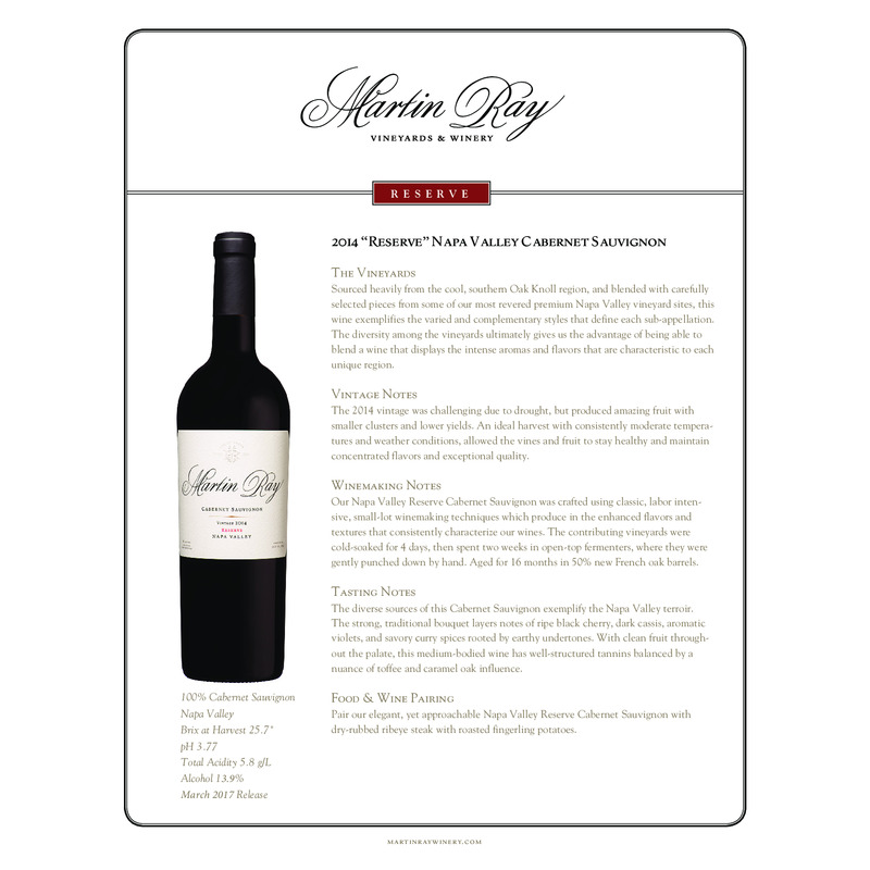 2014 Martin Ray Napa Valley Cabernet Sauvignon Tech Sheet