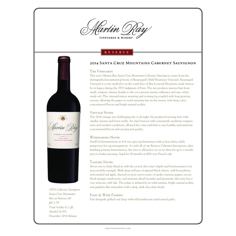 2014 Martin Ray Santa Cruz Mountains Reserve Cabernet Sauvignon Tech Sheet