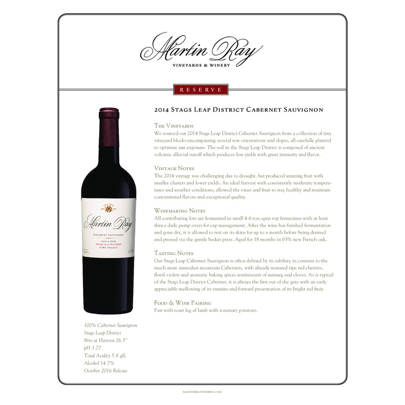2014 Martin Ray Stags Leap District Reserve Cabernet Sauvignon Tech Sheet
