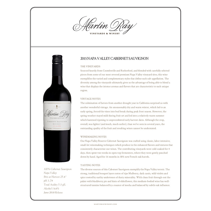 2015 Martin Ray Santa Cruz Mountains Reserve Cabernet Sauvignon Tech Sheet