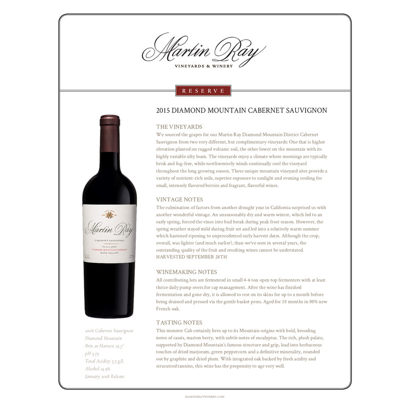 2015 Martin Ray Diamond Mountain Reserve Cabernet Sauvignon Tech Sheet