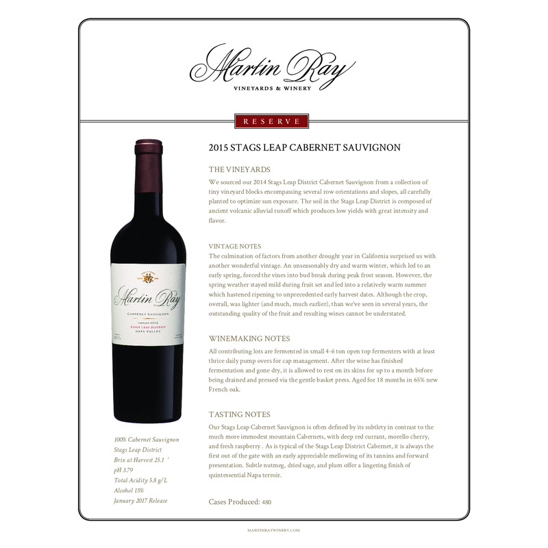 2015 Martin Ray Stags Leap District Reserve Cabernet Sauvignon Tech Sheet