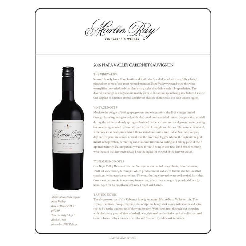 2016 Martin Ray Napa Valley Cabernet Sauvignon Tech Sheet
