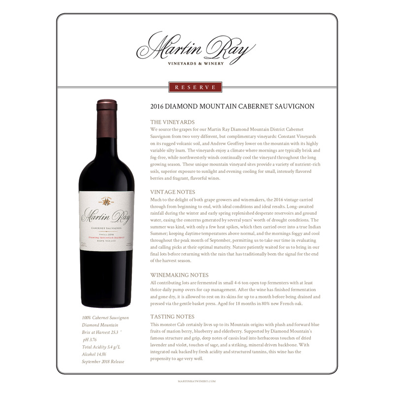 2016 Martin Ray Diamond Mountain Reserve Cabernet Sauvignon Tech Sheet