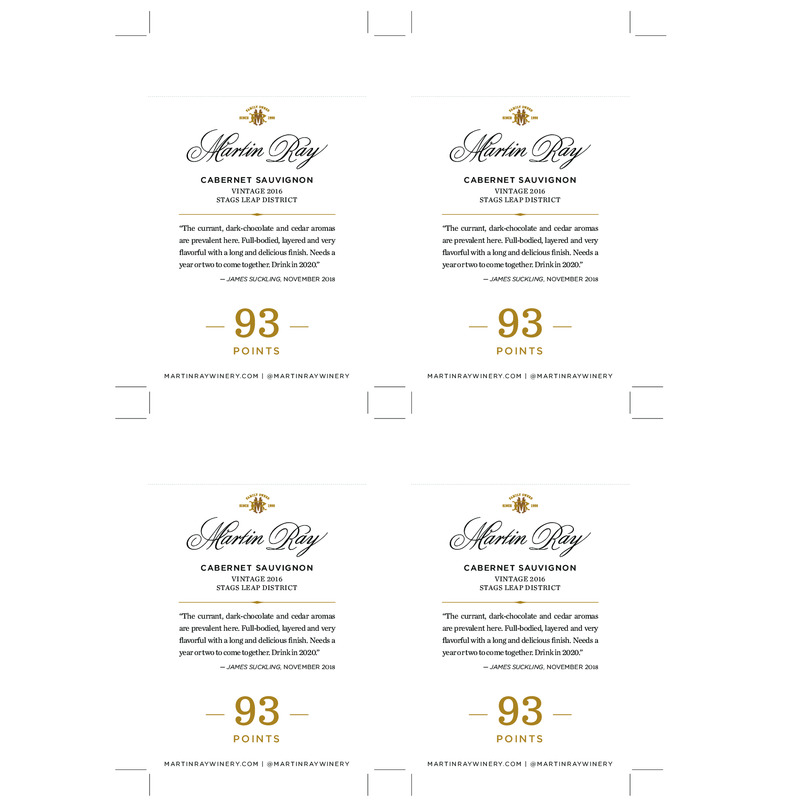 2016 Martin Ray Stags Leap District Reserve Cabernet Sauvignon Shelf Talker – 93 pts. James Suckling
