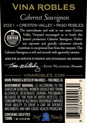 2021 Vina Robles Cabernet Sauvignon Back Label