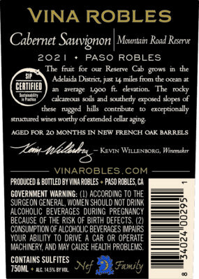 2021 Vina Robles Mountain Road Reserve Cabernet Sauvignon Back Label