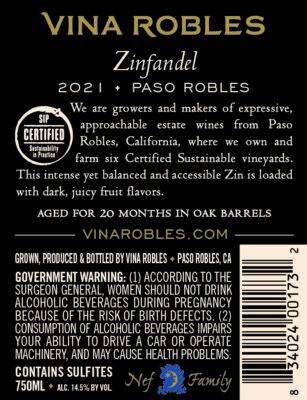 2021 Vina Robles Zinfandel Back Label