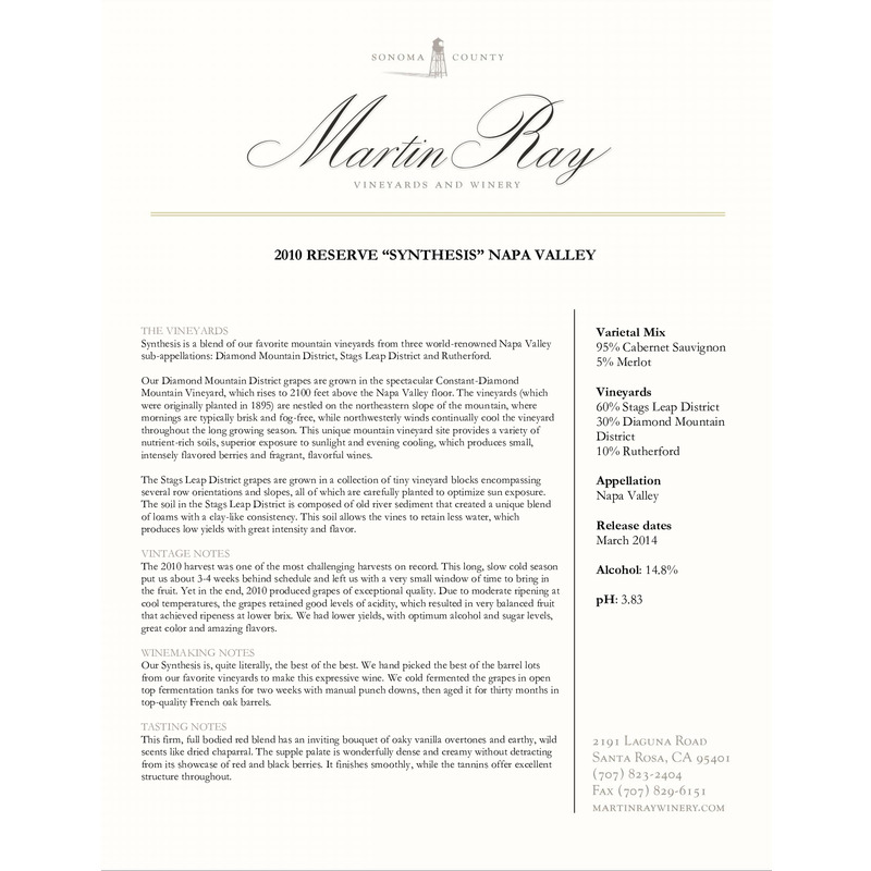 2010 Martin Ray Synthesis Napa Valley Cabernet Sauvignon Tech Sheet