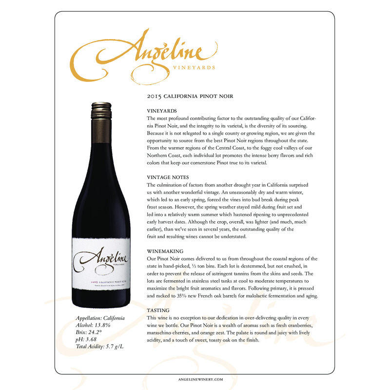 2015 Angeline Pinot Noir Tech Sheet