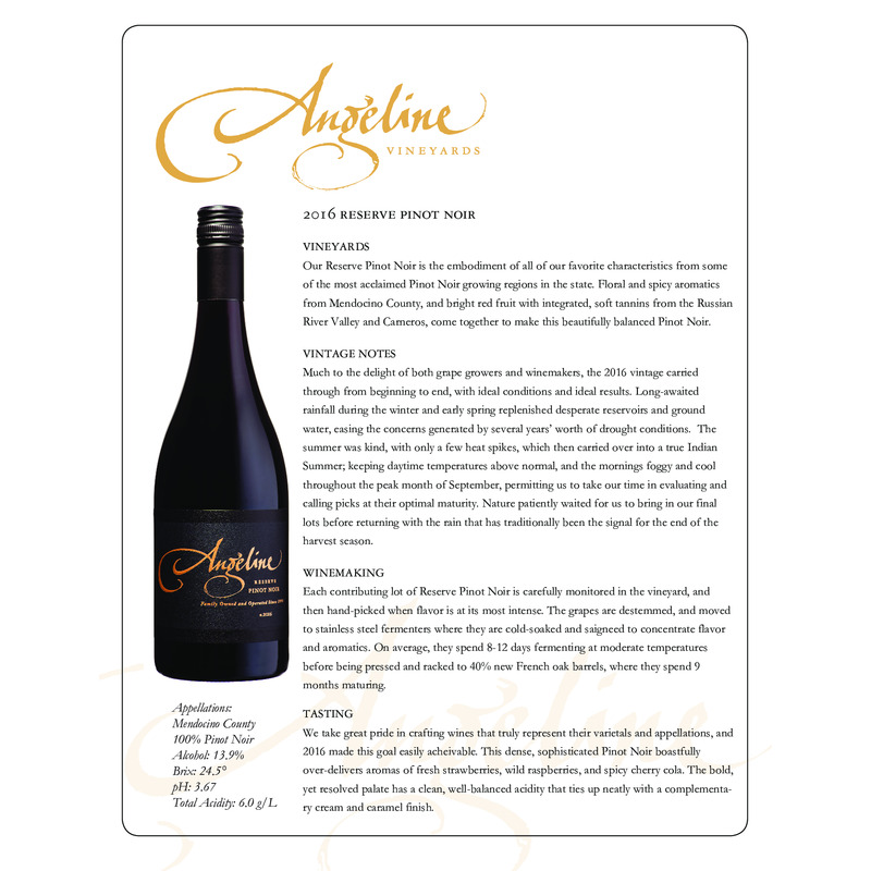 2016 Angeline Reserve Pinot Noir Tech Sheet