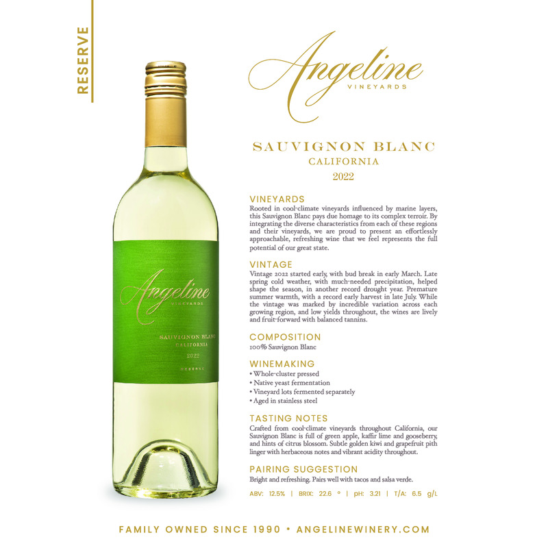 2022 Angeline Reserve Sauvignon Blanc Tech Sheet