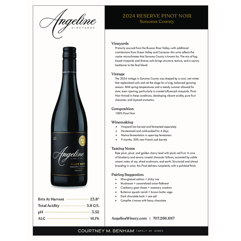 2024 Angeline Reserve Pinot Noir Tech Sheet