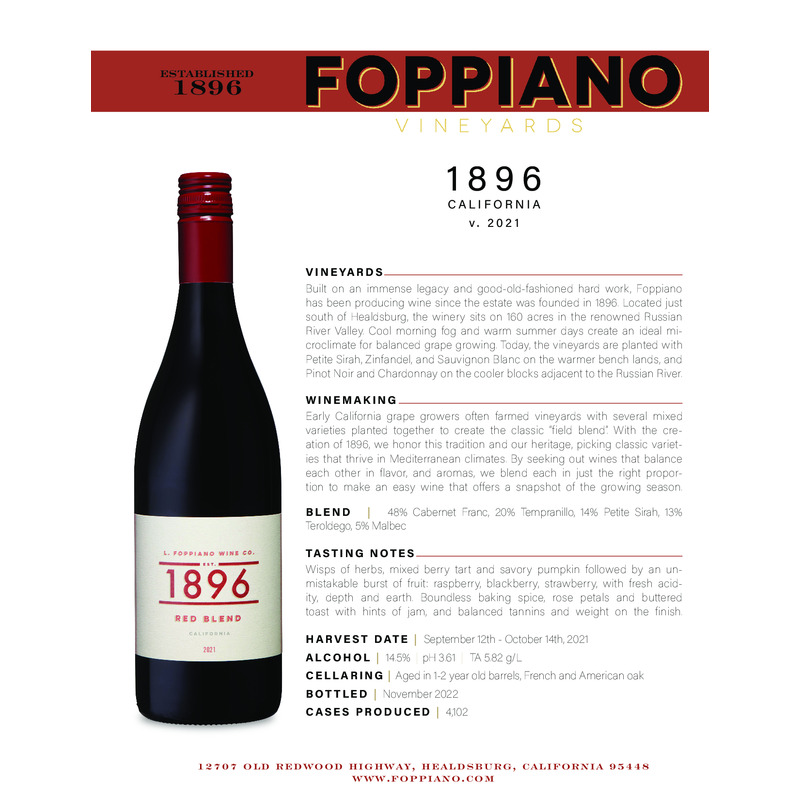 2021 Foppiano 1896 Red Blend Tech Sheet