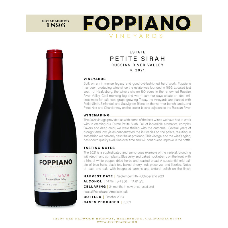 2021 Foppiano Estate Petite Sirah Tech Sheet